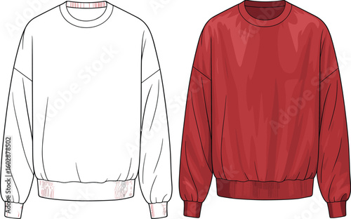 Oversized Crew Neck Sweatshirt in White and Red with Ribbed Cuffs and Hem, Comfortable and Trendy Apparel for Casual, Lounge, and Everyday Fashion.