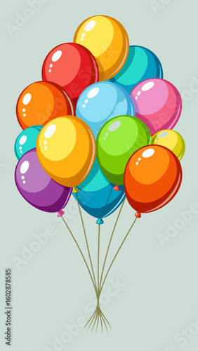 A vibrant bunch of colorful balloons tied together with strings