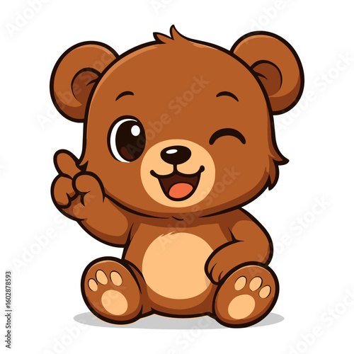 Adorable cartoon brown bear sitting and winking cheerfully