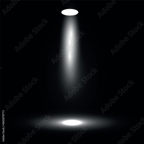 Realistic spotlight beam effect shining down in darkness with glow and shadow for stage or display use	