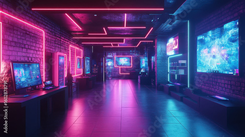 Neon Pink and Blue Lit Cyberpunk Gaming Room Interior
