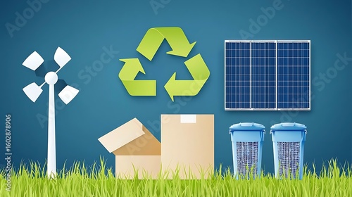 Sustainable Energy Concepts Featuring Wind Turbine, Solar Panels, Recycling Symbol, and Eco-Friendly Packaging
