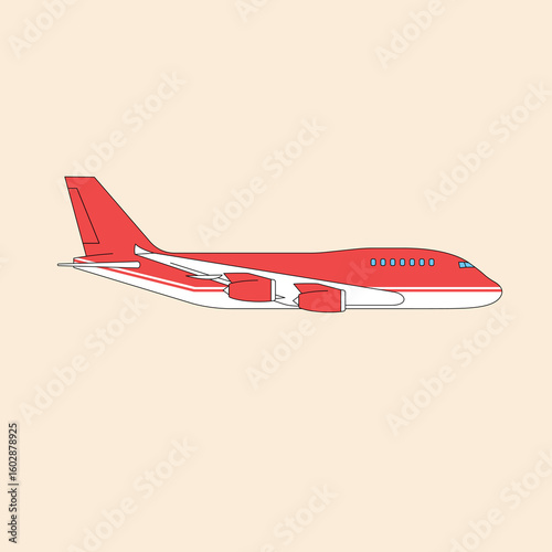A stylized red passenger airplane vector illustration. Side profile of a large commercial jet aircraft used for global air travel and transportation concepts.