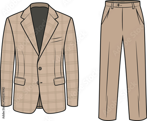 Men’s classic plaid blazer and dress pant outfit, stylish business attire vector illustration, formal fashion sketch for apparel design