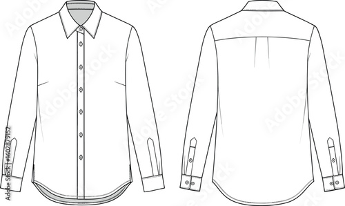 Flat technical sketch of classic shirt, button-up design, long sleeves, back pleat, collar detail, vector cad fashion illustration