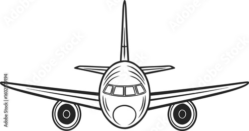 Commercial airplane soaring in clear blue sky. Flat vector icon for airline and tourism design.