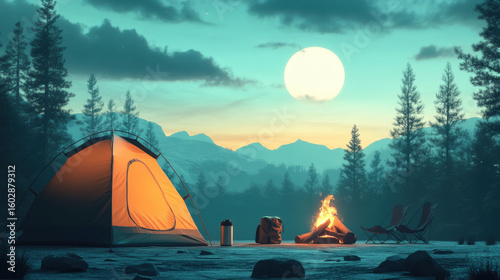 Night Camping Scene in Mountainous Forest Illuminated Tent, Campfire, and Bright Moon