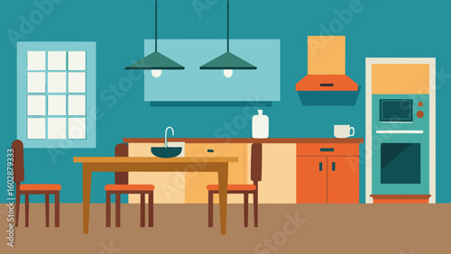 Modern flat design kitchen interior with dining table and appliances
