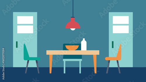 Minimalist dining room with table chairs doors and pendant lamp