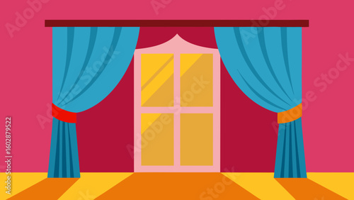 Brightly colored room interior with blue curtains and a large window