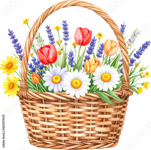 Watercolor Basket of Fresh Flowers