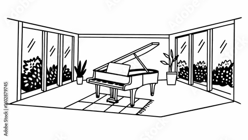 Grand piano in modern room with large windows and plants for music lovers and interior design enthusiasts