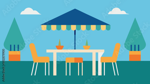 Outdoor dining set with umbrella chairs table and plants under a blue sky