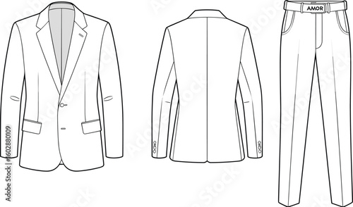 Men’s formal blazer technical flat sketch, front and back view, tailored jacket fashion template, vector illustration for apparel design