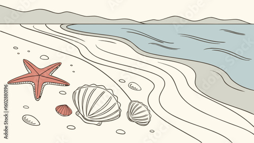 Beach scene with starfish and seashells vector illustration for summer vacation and seaside holiday concept