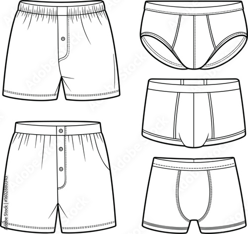 Vector flat sketch of various men’s underwear styles including boxers, briefs, and trunks, technical fashion design template illustration