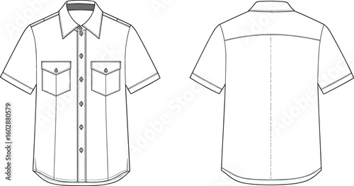 Front and back technical drawing of short sleeve shirt, button up, chest pockets, collar detail, fashion flat sketch, garment vector