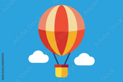 Colorful hot air balloon floating above white clouds on a bright blue sky