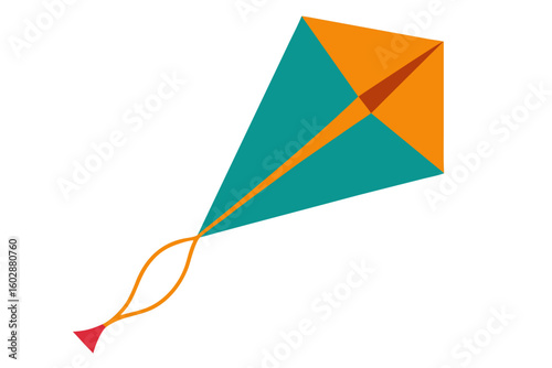 Colorful flat design kite flying in the sky against a white background