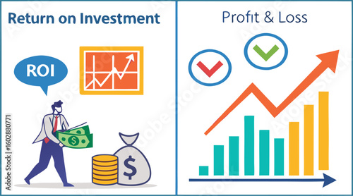 Illustration showing return on investment and profit and loss with graphs and money images