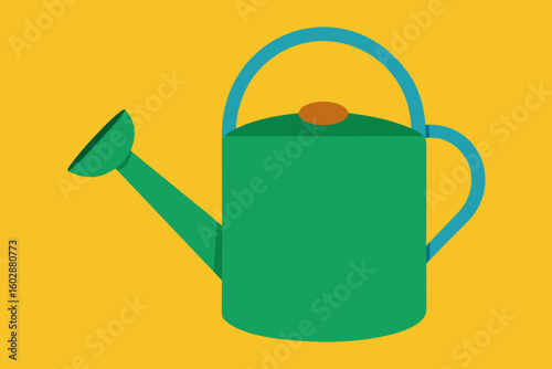 Green watering can illustration on yellow background for gardening and planting activities