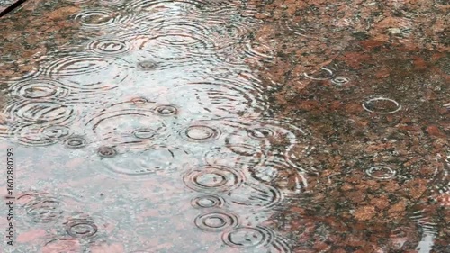 Raindrops fall into a puddle, forming bubbles and waves. Rainy mood of the day.