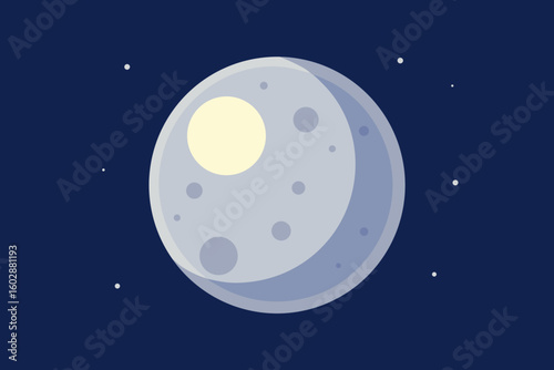Abstract illustration depicting a large moon and stars against a deep blue sky