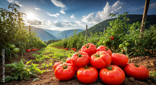 Tomato field in the morning in the mountains. AI-Generated