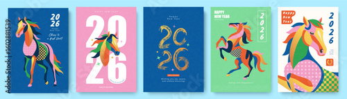 Set of colorful Chinese New Year 2026 posters in a modern abstract art style. Banners with vibrant horse illustrations for lunar holiday greeting, presented on a gray background, vector illustration.