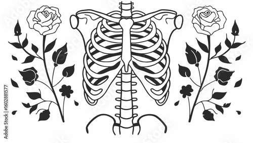 Skeleton rib cage anatomy with roses floral design tattoo illustration drawing vector art graphic design