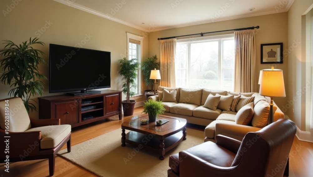Fototapeta premium Cozy living room with a large television and comfortable seating.