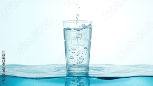 Glass of clear liquid being filled with a refreshing drop of more liquid, creating a refreshing drink and bubbles