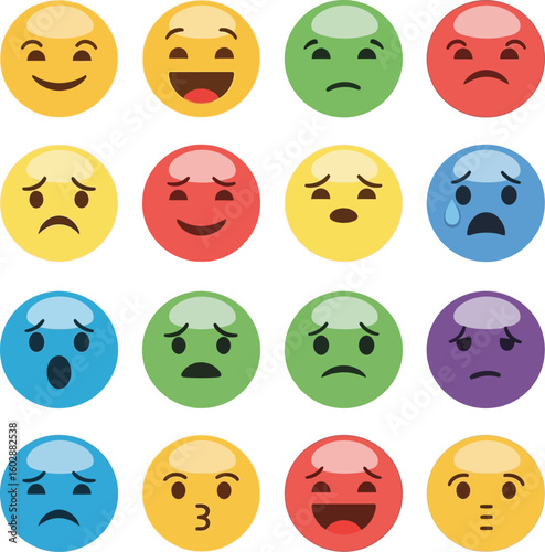 Vibrant collection of colorful emoji faces expressing diverse human emotions and feelings in a playful style