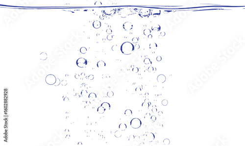Blue water surface with rising bubbles and splashes liquid