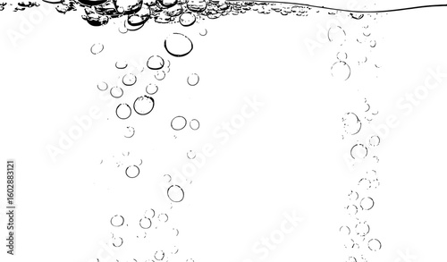 Bubbling liquid surface with floating spheres and splashes bubbles water