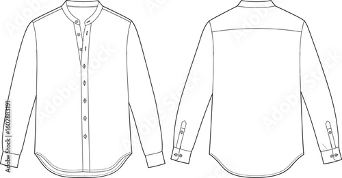 Mandarin collar shirt flat sketch, front and back view, long sleeve blouse, button placket detail, fashion cad vector illustration