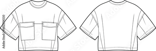 Oversized crop t-shirt flat sketch with dual front pockets, loose fit boxy style, fashion technical drawing for garment design