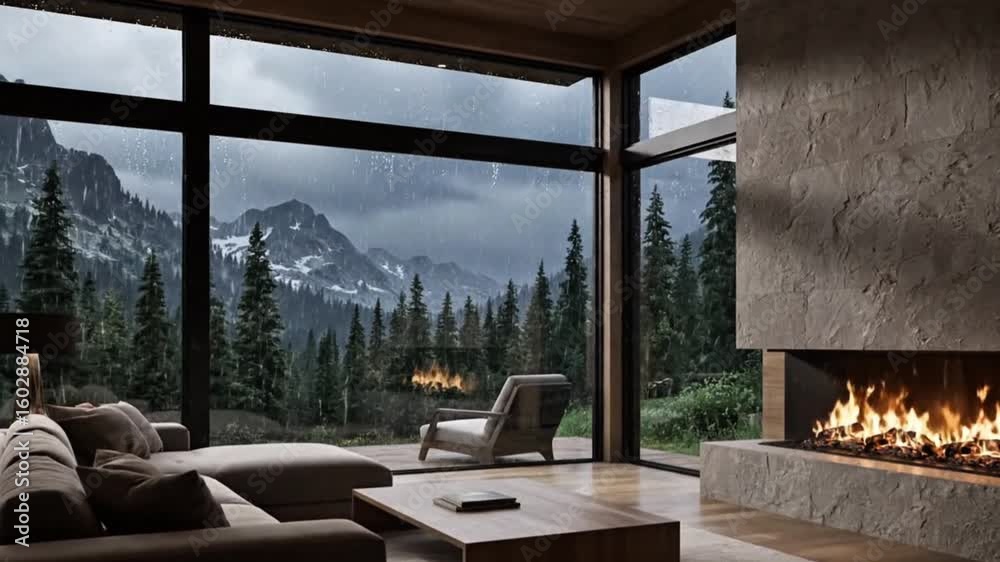 Cozy cabin interior with fireplace and mountain view during rain Cozy cabin interior with fireplace and mountain view during rain