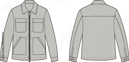 Men’s utility jacket front and back view, cad fashion sketch, zipper closure, flap chest pockets, technical drawing, vector template, outline