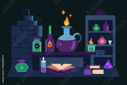 Illustrated alchemist's workshop featuring magical potions books and candles on a dark background