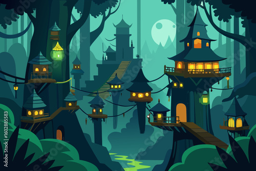 Mystical forest city scene with illuminated tree houses and lanterns at night