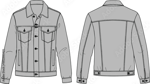 Men's denim jacket technical drawing, front and back view, fashion cad flat sketch, vector outline, detailed garment design, outerwear illustration