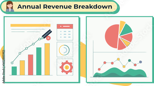 Illustration showing annual revenue breakdown with bar graph pie chart and line graph for data analysis