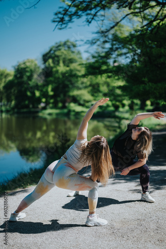Obraz na plátne Two women engage in stretching exercises by a tranquil lakeside setting, promoting fitness and cutting weight, surrounded by lush greenery and sunshine, combining health and nature