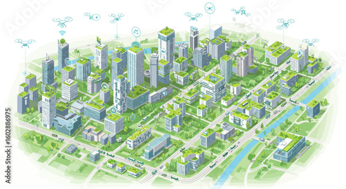 Sustainable Cityscape with Green Roofs and Drones