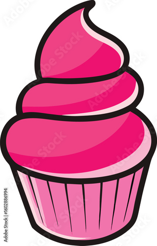 Pink cupcake with swirled frosting and striped wrapper sweet dessert