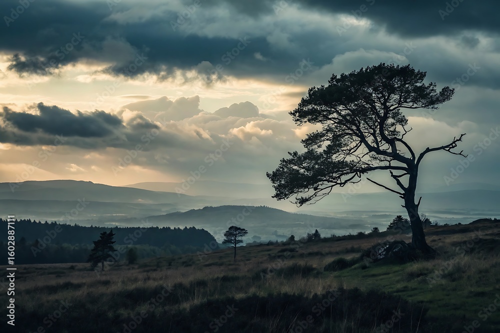 Obraz premium Solitary windswept pine on a misty hillside at dawn landscape nature
