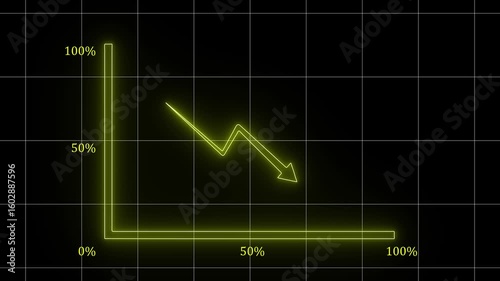 Glowing neon downward business graph with grid on black screen