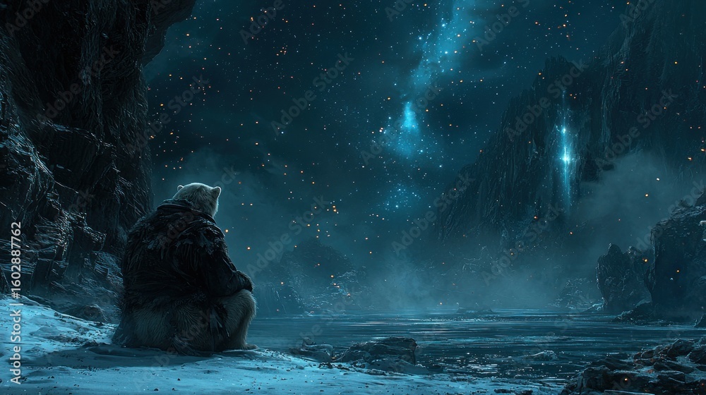 Fototapeta premium Snowy tundra with a figure under the starry night