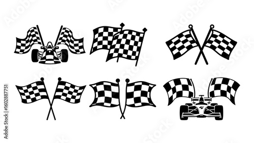 checkered flag racing car silhouette icon set for race event design commercial use illustration